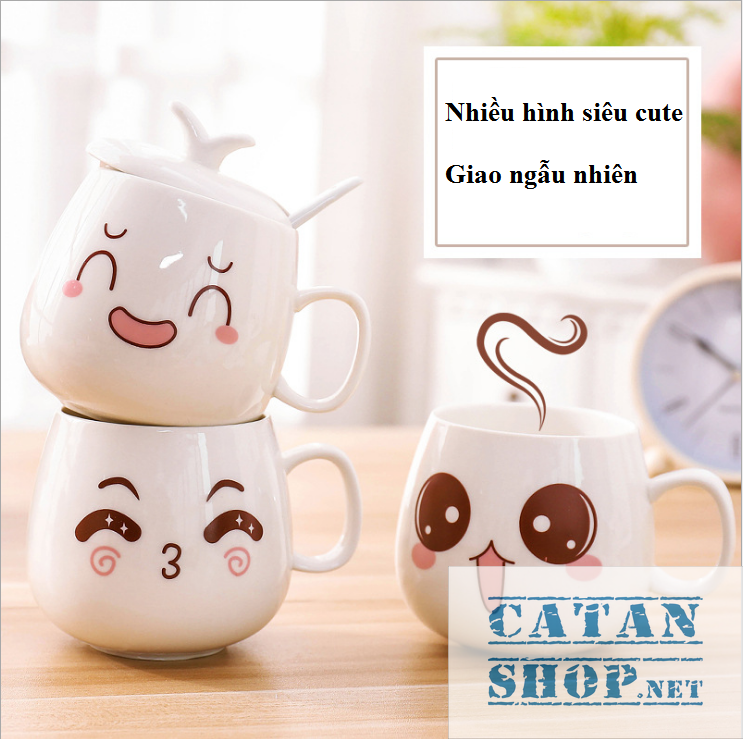 01 Cup ceramic cup with lid (attached spoon) the expressive super cute (delivery random pattern) HK062