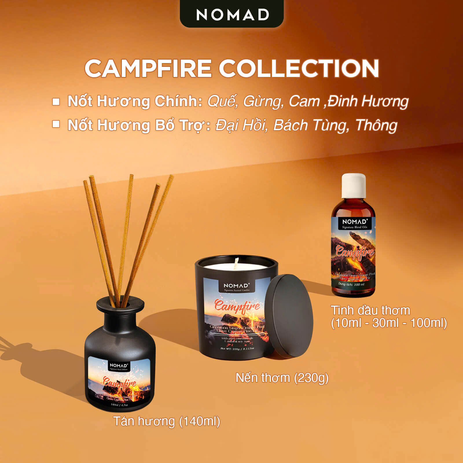 Bộ Tán Hương Que Mây Nomad Reed Diffuser 140ml - Campfire