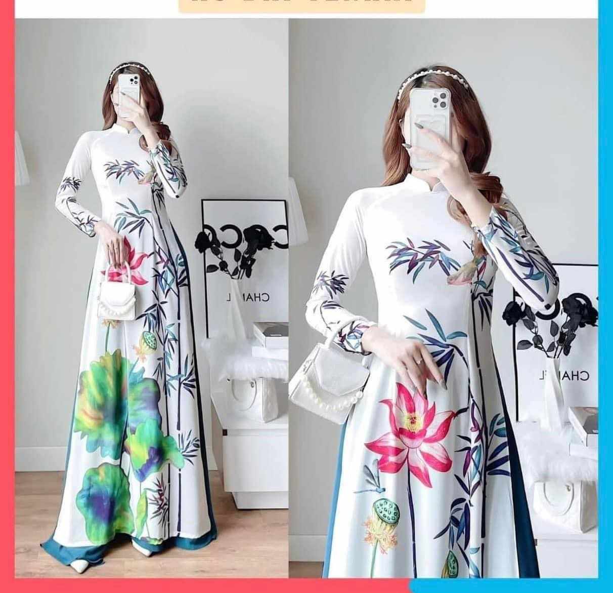 Bộ áo dài lụa in 3D hoa sen cao cấp (kèm quần lụa tây thi cao cấp)