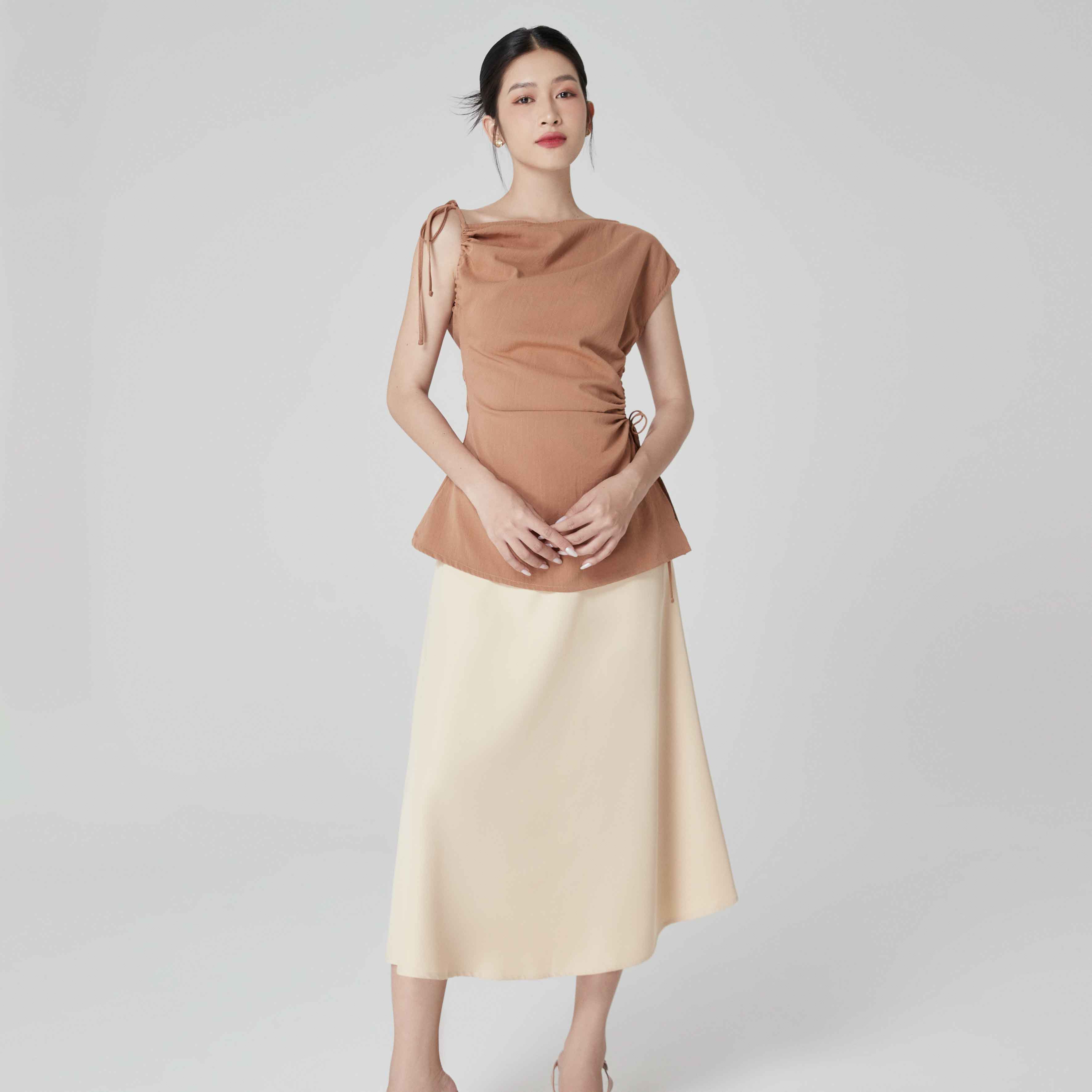 Áo Maybi kiểu ôm linen thun phối rút dây
