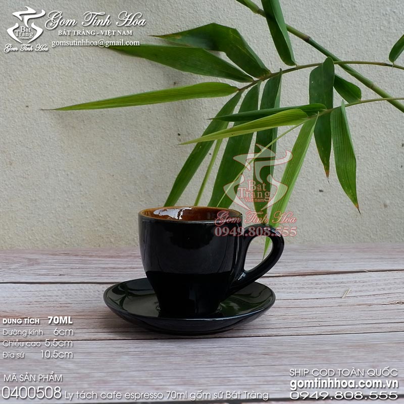 Ly tách sứ uống cafe Espresso dung tích 70ml gốm sứ cao cấp men đen lòng nâu cánh gián