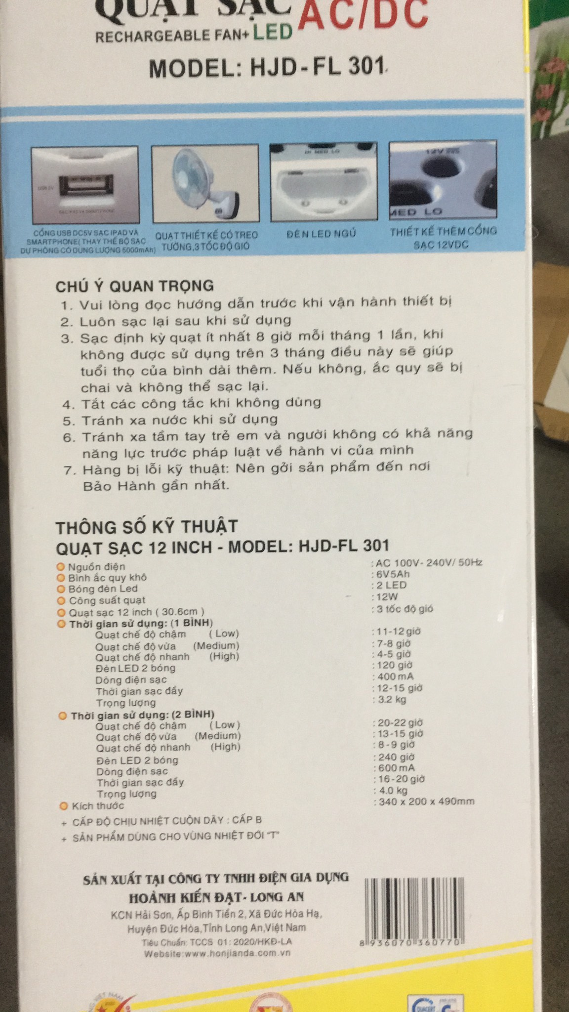 QUẠT SẠC TÍCH ĐIỆN HONJIANDA FL-301 (2 BÌNH CÓ CỔNG SẠC USB )