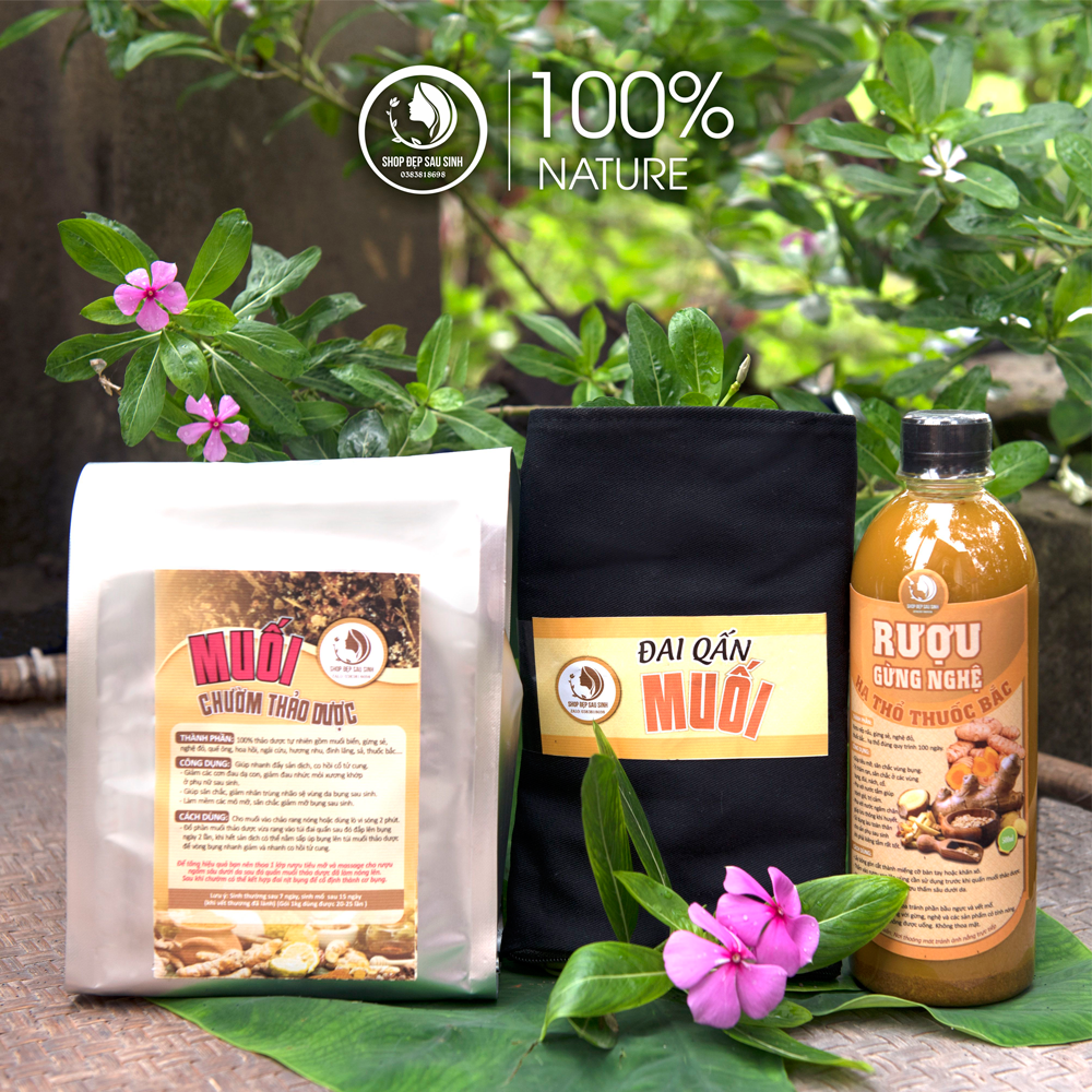 Combo đai quấn muối gừng thảo dược sau sinh (cốt gừng nghệ hạ thổ giảm eo, 1kg muối thảo dược, 1đai quấn)