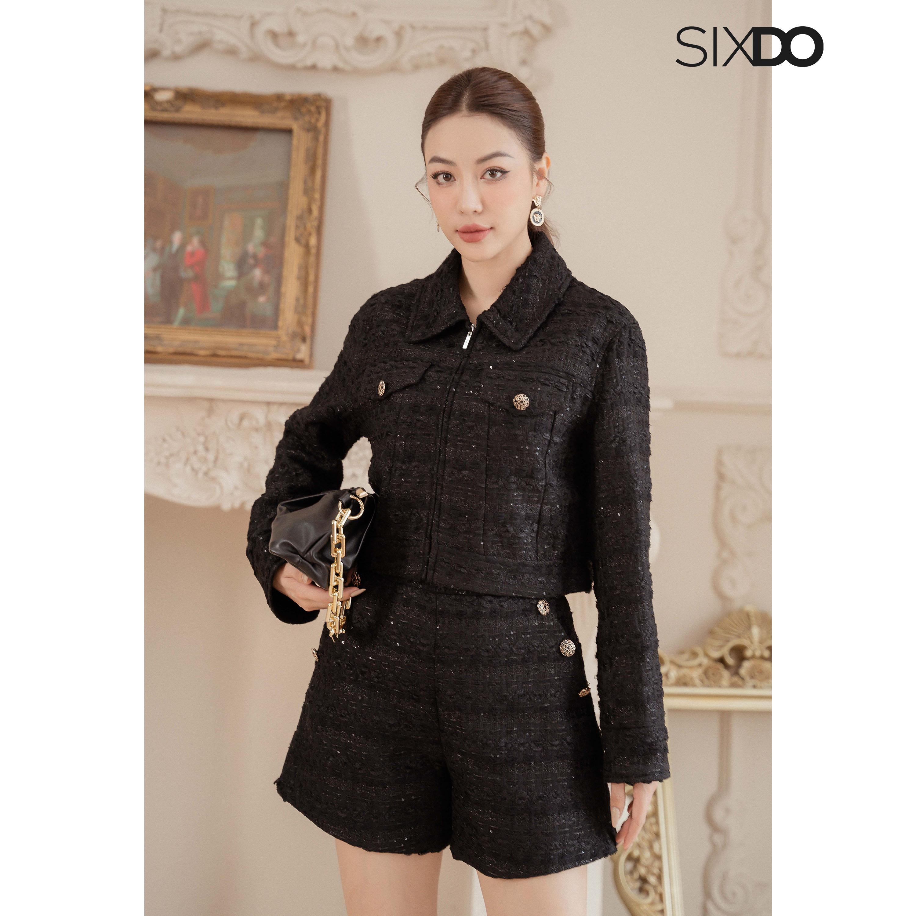 Áo Vest nữ dạ tweed dáng lửng SIXDO (Black Cropped Tweed Vest)
