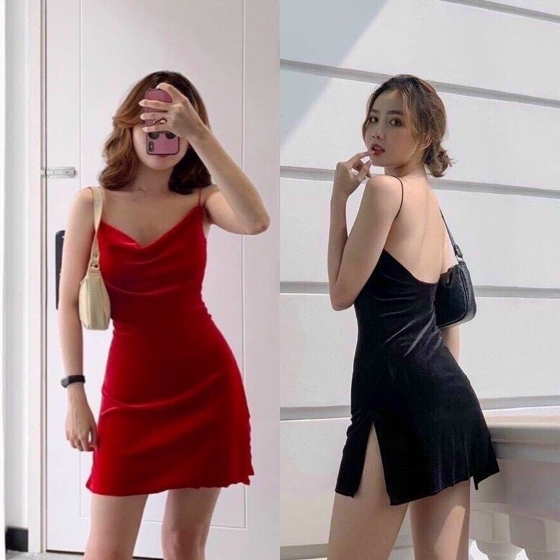 đầm 2 dây nhung cổ đổ hở lưng sexy