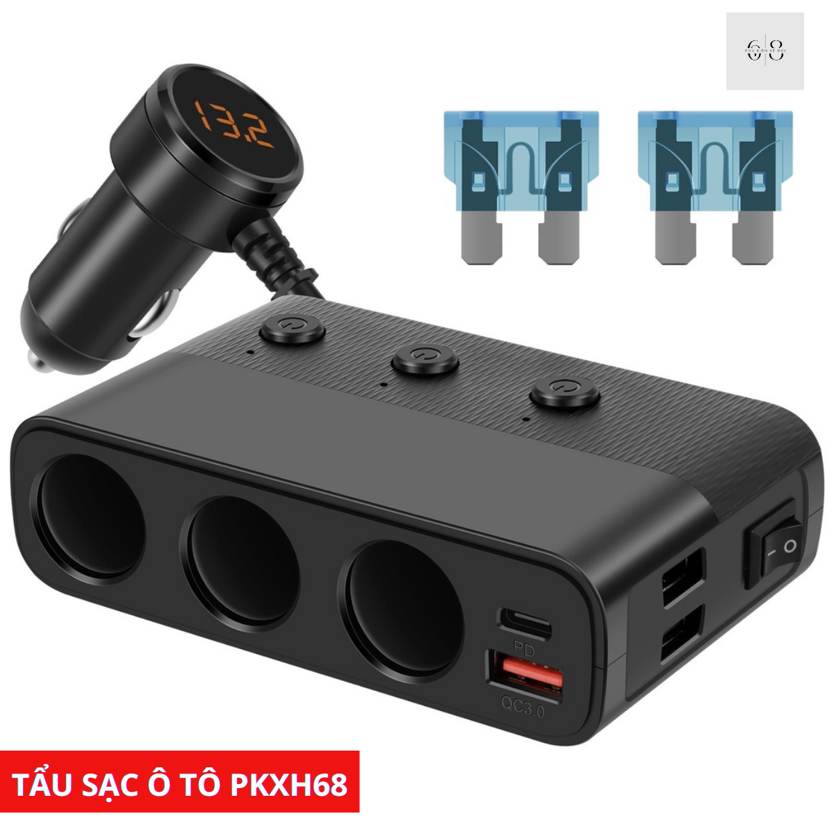 Tẩu Sạc Ô Tô PKXH68 Mở Rộng 3 Cổng Tẩu Sạc Ô Tô Có Cổng Sạc Nhanh PD Và QC3.0 2 Cổng USB – Công Suất 127W (Max)