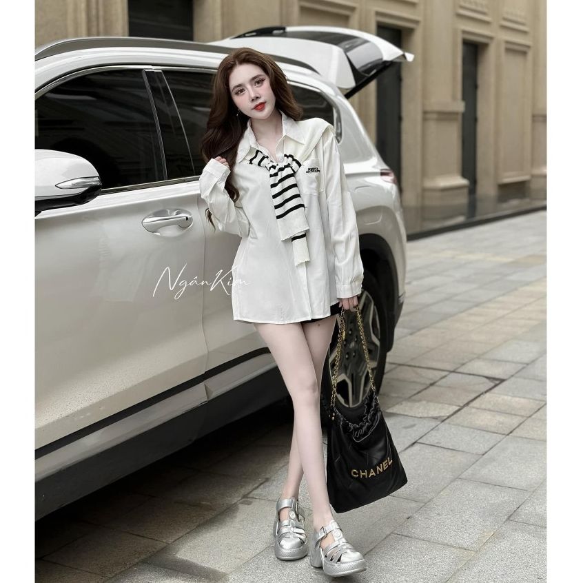 Set Áo Sơ Mi Tone Trắng Basic Freesize Tay Dài Phối Khăn Choàng Kẻ Sọc Style Basic Trẻ Trung, Thanh Lịch