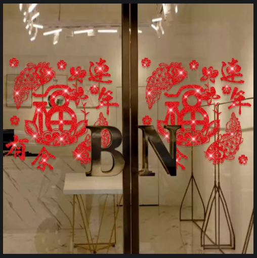 Decal trang trí tết - Vòng chữ Phúc Cá Chép nhũ kim tuyến đỏ