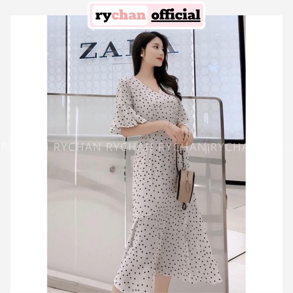 [HCM]Sleeve Maxi Dress with Dots Fishtail Flared Sleeveless Flared Tall Underline - DM013