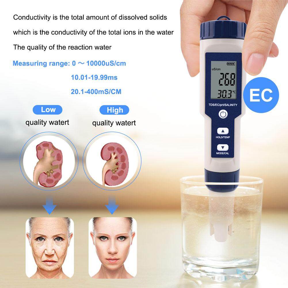 【Bút Kiểm Tra Chất Lượng Nước 5 Trong 1】Máy Đo Độ Mặn Và Độ PH 5 Trong 1, Dùng Để Làm Vườn Và Đo Độ PH/Tds/Ec/Độ MặN/Nhiệt Độ