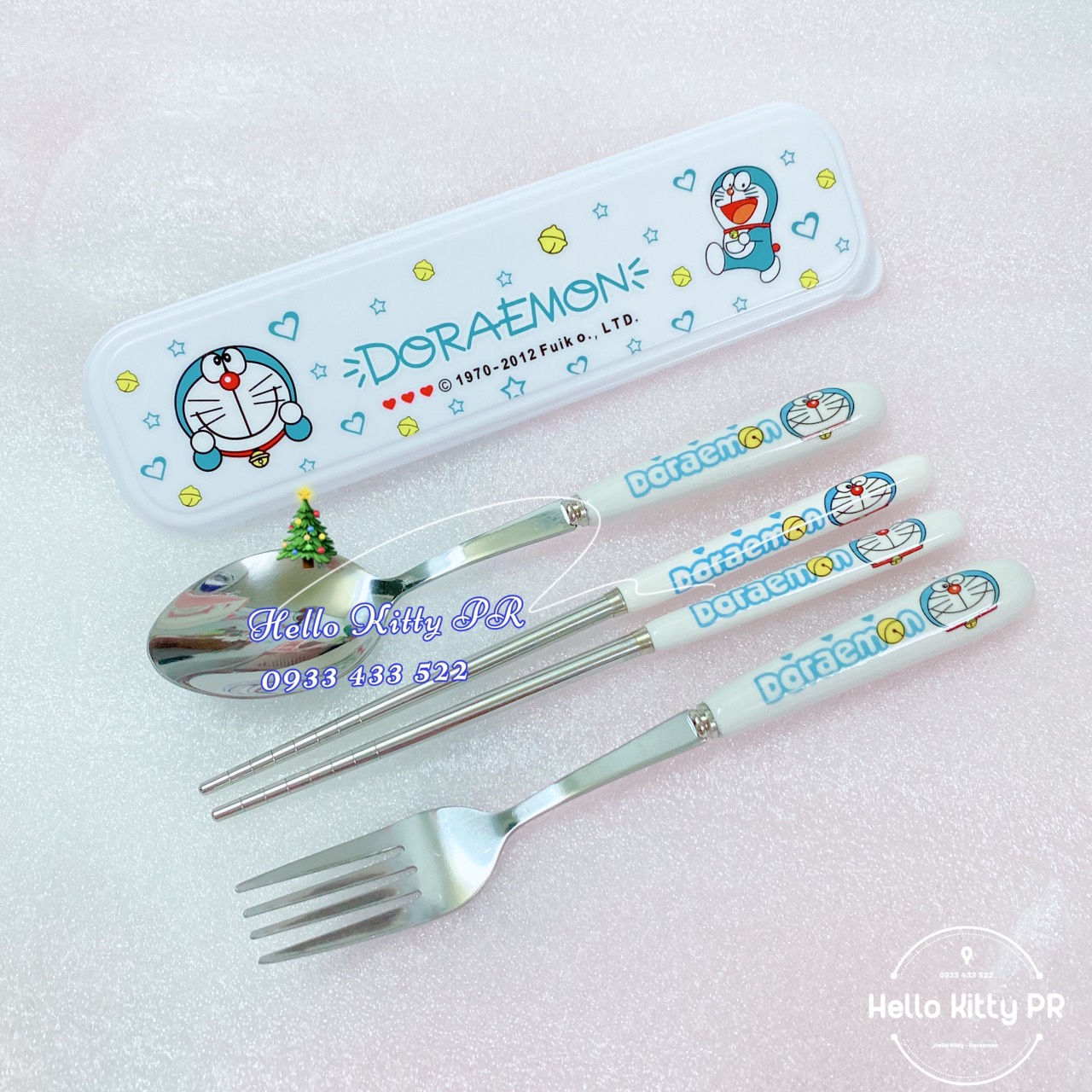 Set hộp đũa, muỗng, nĩa cán sứ Doremon