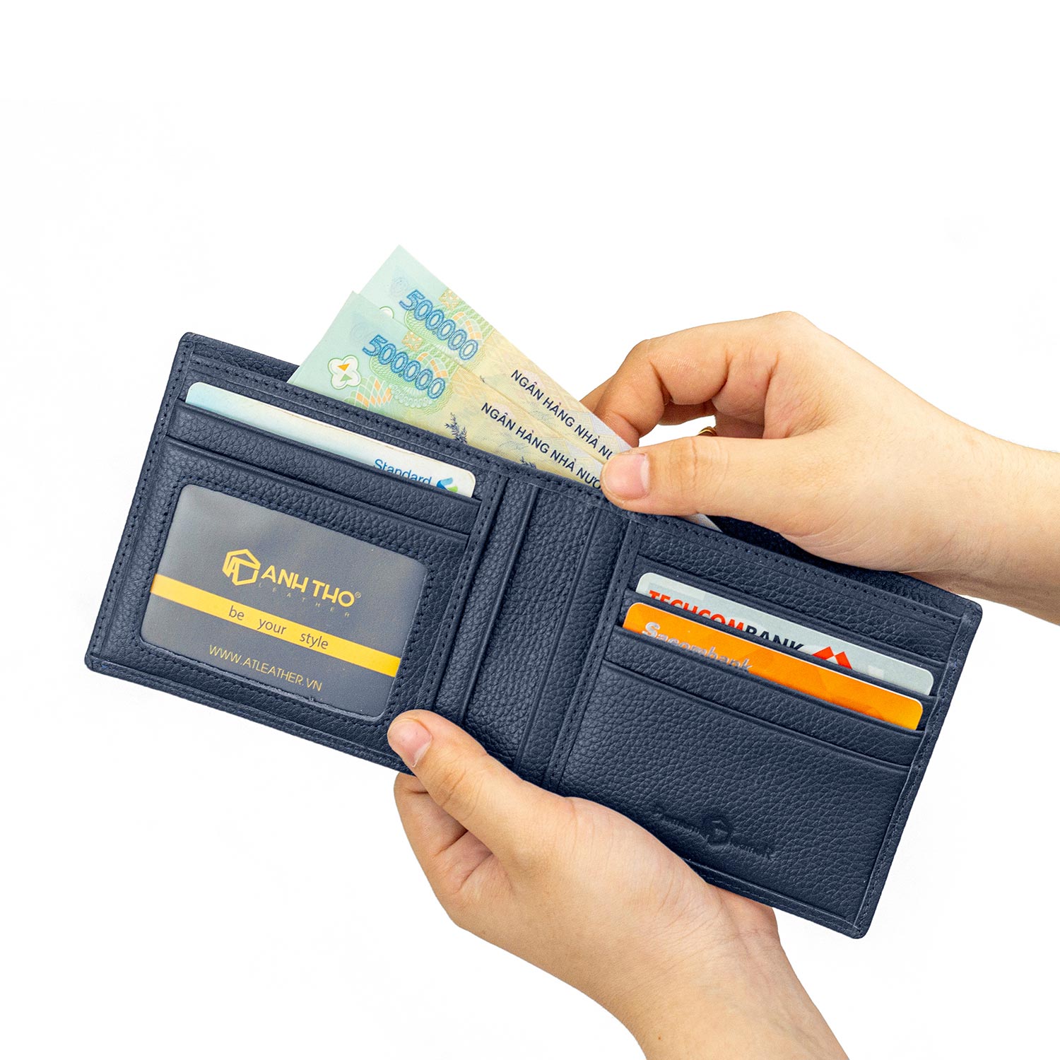 Ví da bò VICTOR dáng ngang, chất da bò hạt cao cấp, tone xanh navy sang trọng, đựng vừa tất cả giấy tờ, Anh Tho Leather