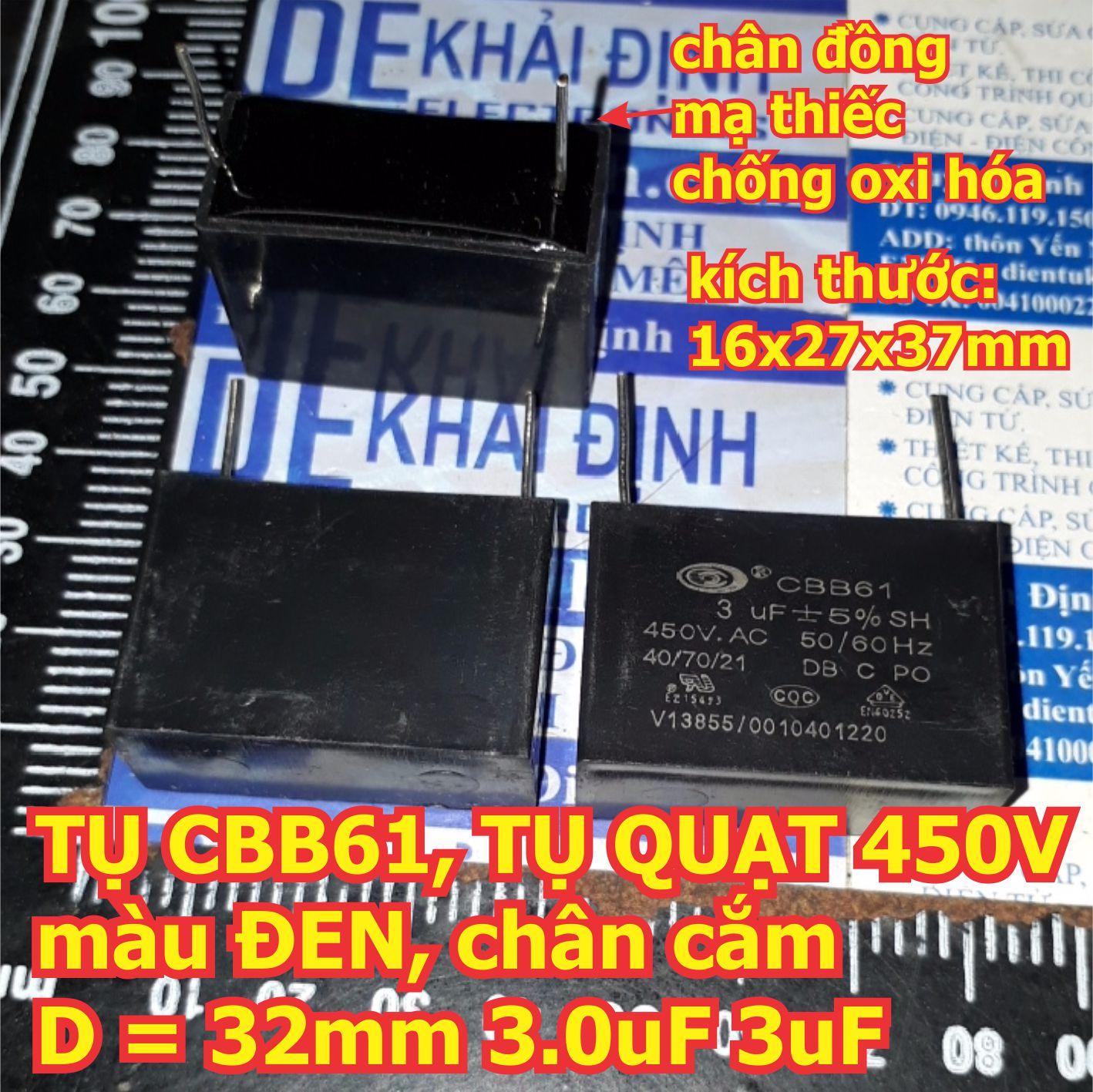 TỤ CBB61, TỤ QUẠT 450V, màu ĐEN, chân cắm D = 32mm/ 42mm 1uF ~ 10uF kde5656