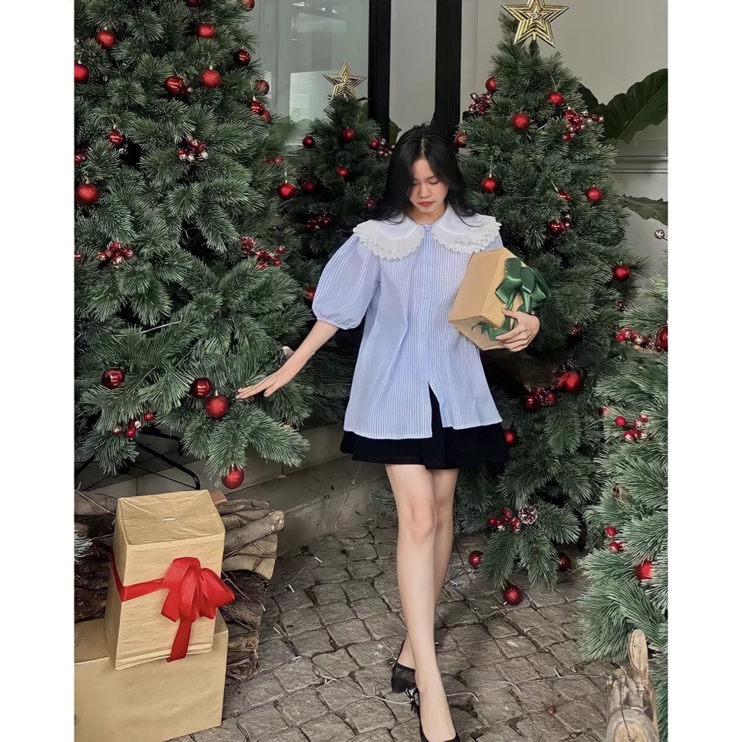 Áo sơ mi nữ cổ sen viền bèo tay bồng kẻ vải xốp phối màu tiểu thư siêu xinh