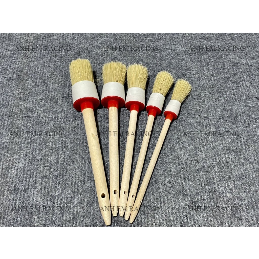 Bộ 5 cây cọ LÔNG HEO cán gỗ vệ sinh chi tiết dành cho oto xe máy rửa xe chi tiết