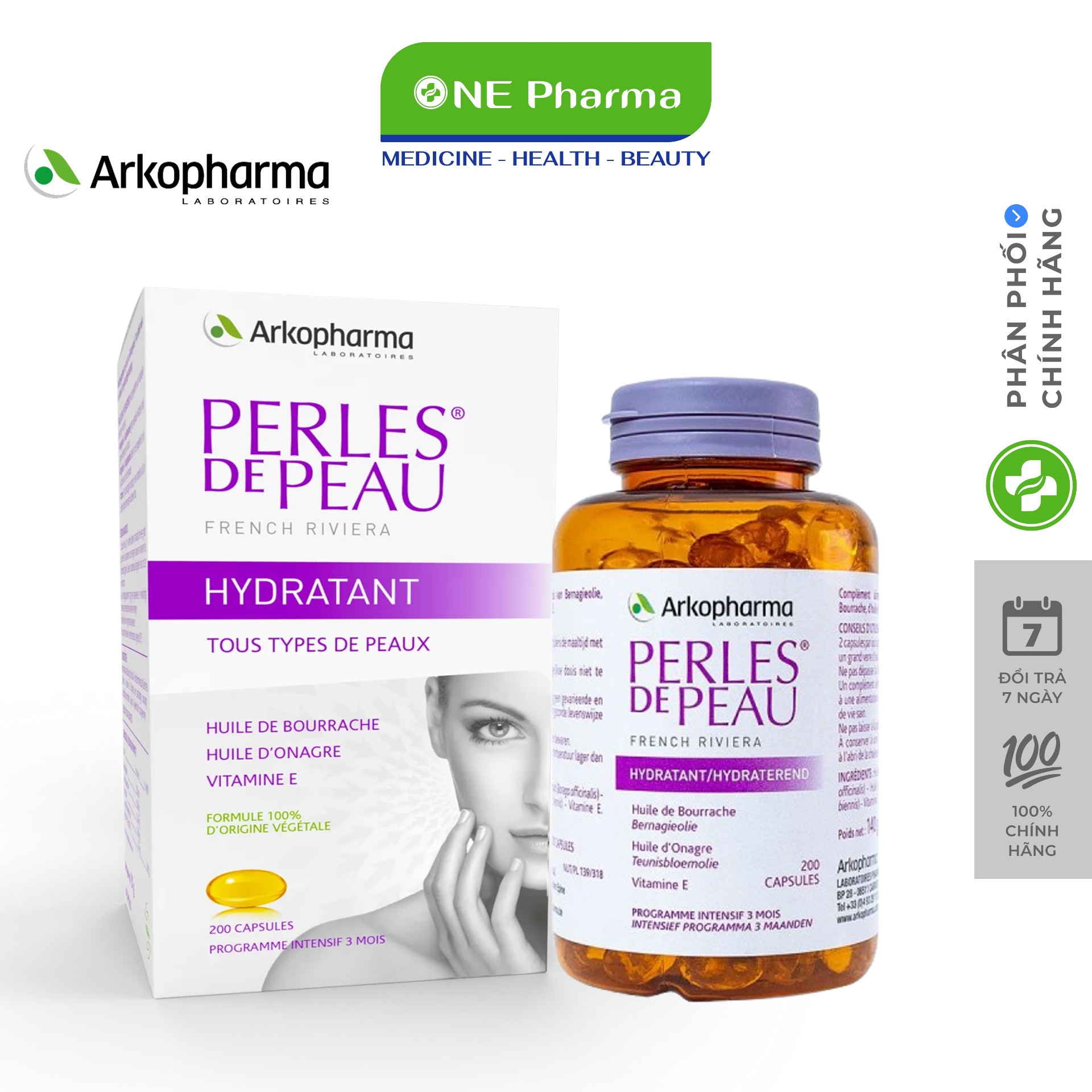 Viên uống dưỡng ẩm đẹp da vitamin e Arkopharma Perles Peau Hydratant 200 viên