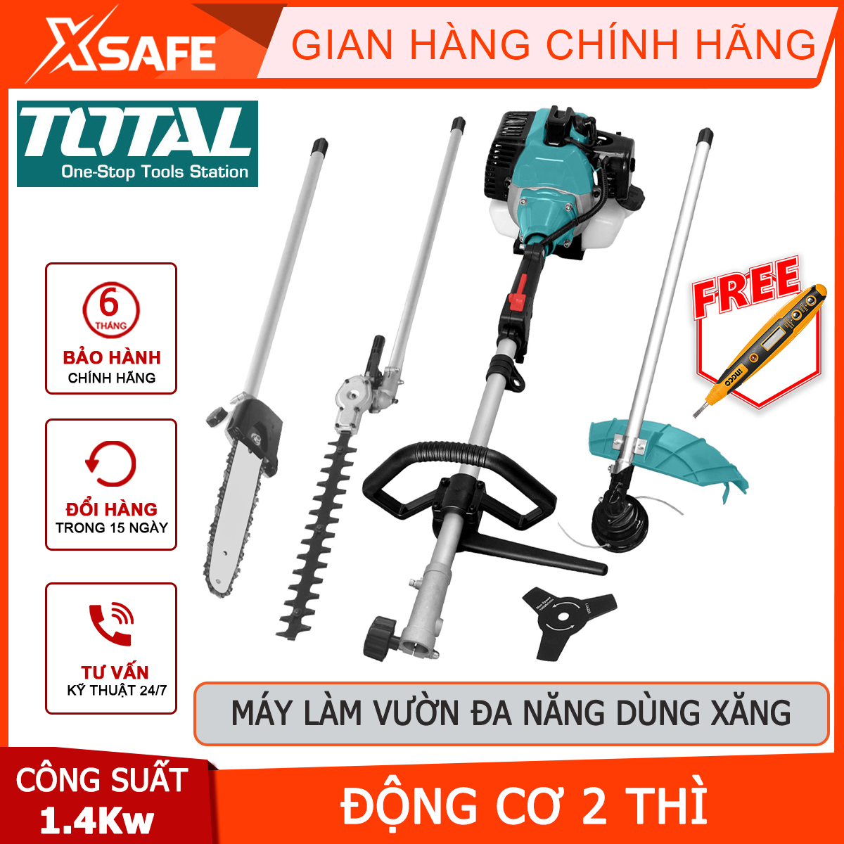 Gardening supplies multi-purpose gas powered total TMT55211, set tools gardening tools capacity: 52cc rated power: 1.4kw used to cut fence, spadework, cut, Tiller grass, rice, cut grass for to pump water