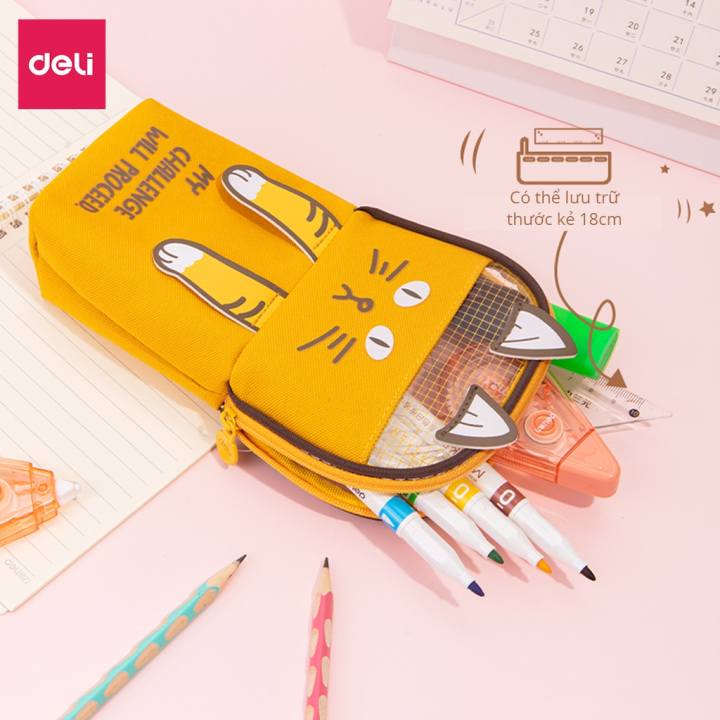 Túi Hộp Đựng Bút Đồ Dùng Cá Nhân Bằng Hình Chú Mèo Xinh Xắn Nhiều Màu Sắc Deli Sức Chứa Lớn - BC172 - Hình ảnh 3