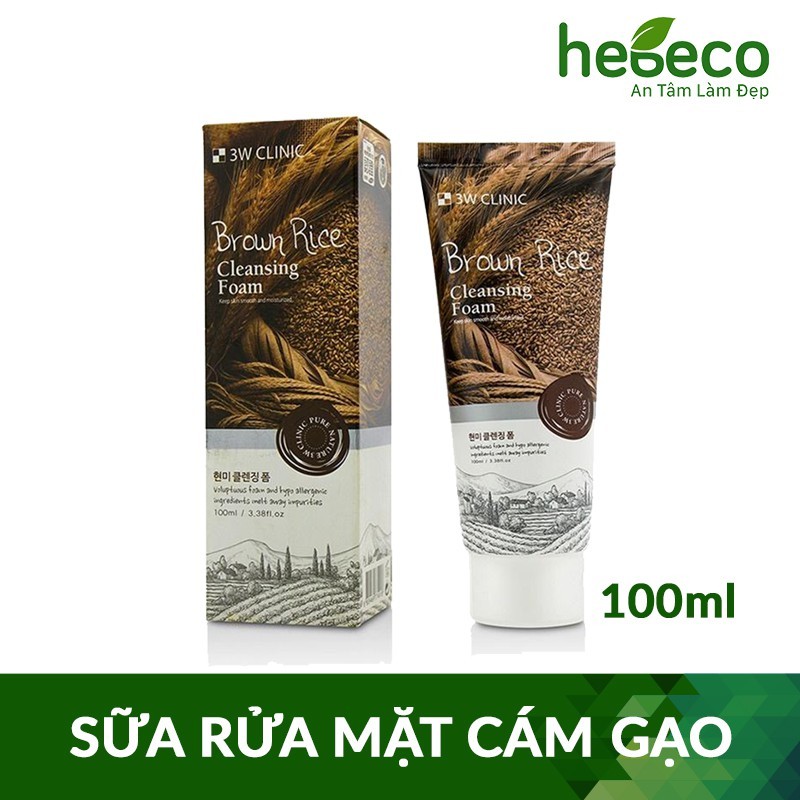 Sữa rửa mặt làm sạch sâu và sáng da chiết xuất từ lúa mạch 3W CLINIC BROWN RICE CLEANSING FOAM 100ml-Hàn Quốc cao cấp