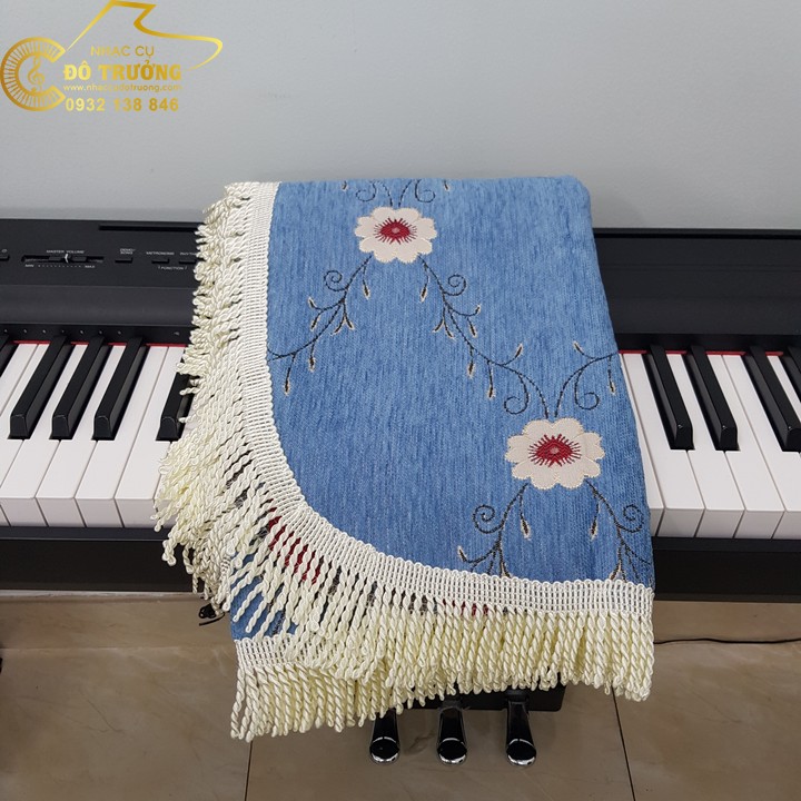 Khăn phủ đàn Piano xanh dương phối hoa
