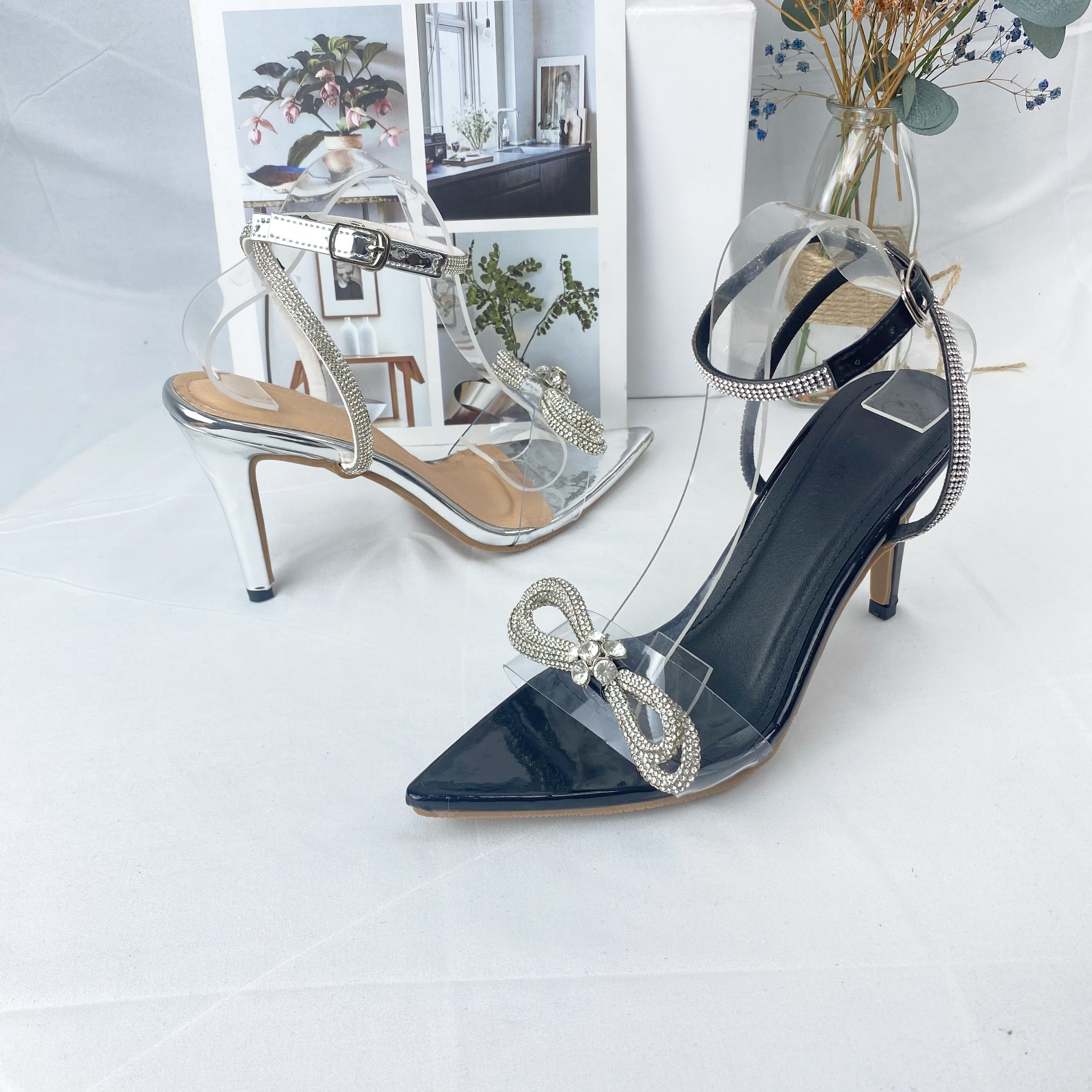 Sandal cao gót nữ mũi nhọn quai ngang mica đính nơ đá sang chảnh, giày cao gót nữ mũi nhọn gót nhọn cao 9p đi tiệc M35