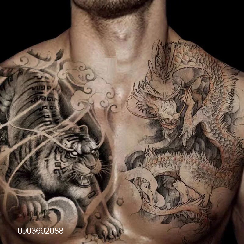 Tattoo tiger, tattoo dragon, hình xăm dán tạm thời hcm, sticker tattoo con hổ, hình xăm con rồng15 x 21cm