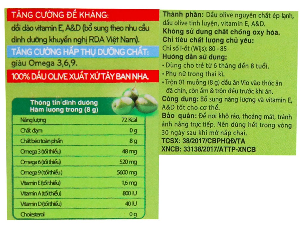 Dầu olive cho bé Vio Tường An chai 250ml