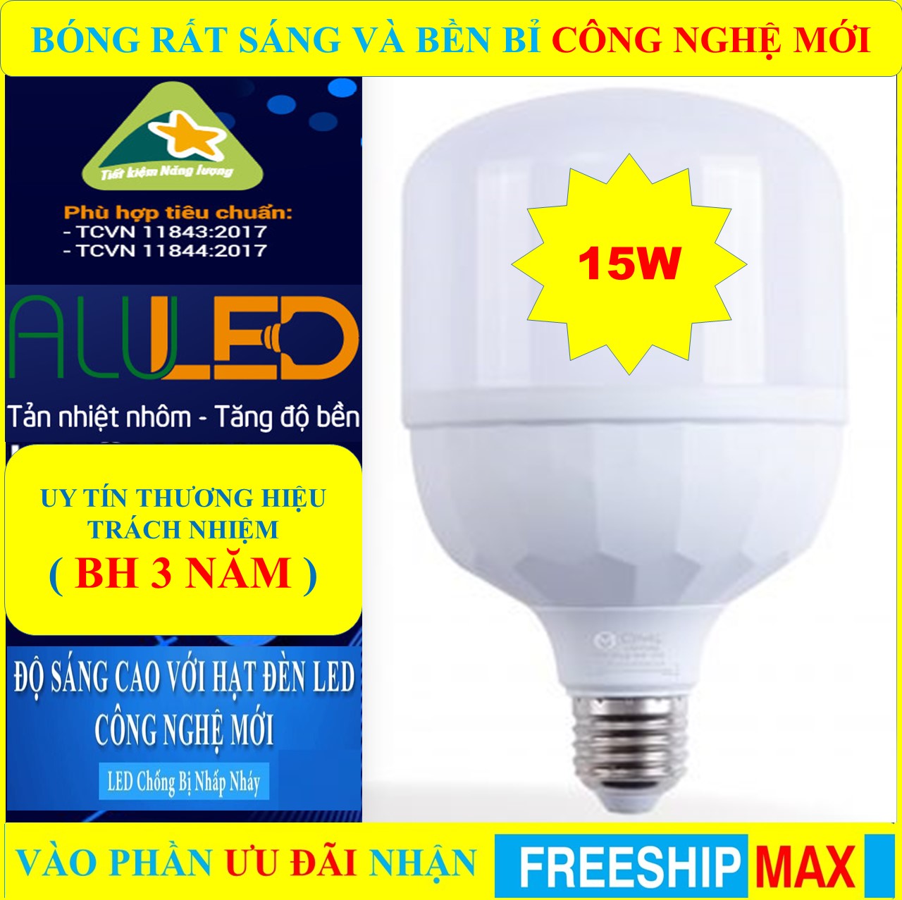 Bóng Đèn LED Trụ 15W (Thế Hệ Mới) LOẠI XỊN KÍN NƯỚC (BH 3 NĂM) (ánh sáng trắng) Siêu Sáng Tiết Kiệm Điện