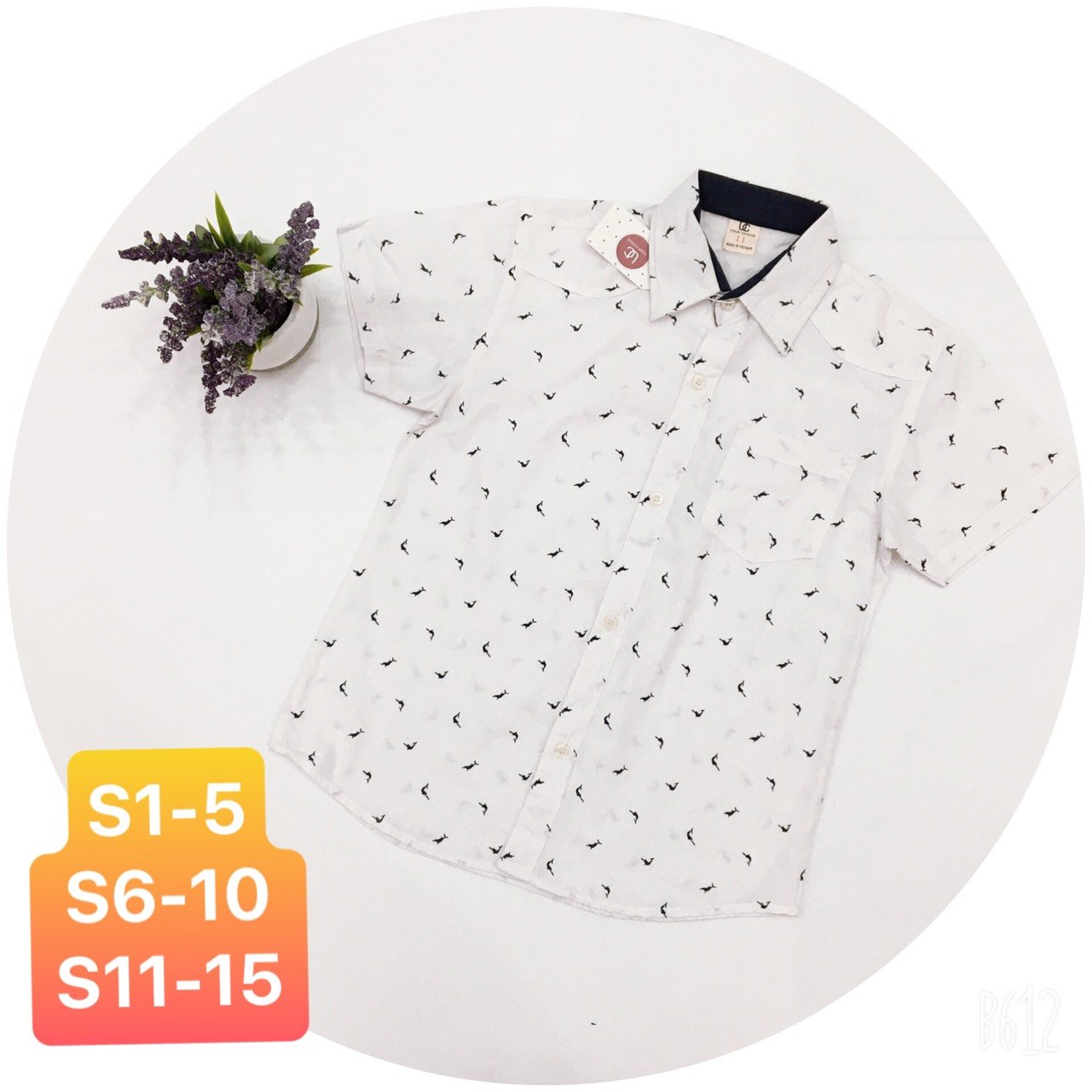 Áo sơ mi cộc tay bé trai 11-15 tuổi chất liệu vải thô họa tiết ca heo trắng