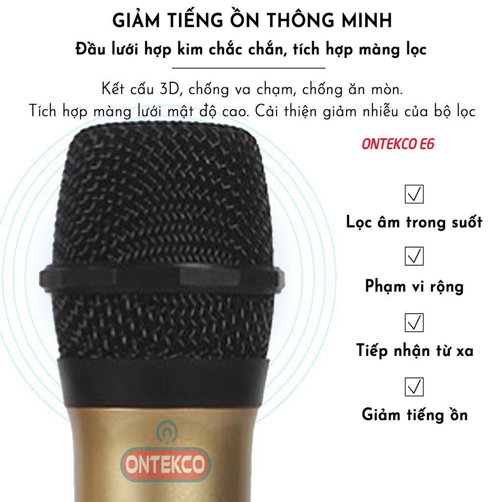 Bộ Micro Không dây karaoke ONTEKCO E6S Màu Gold, Micro Ontekco Chuyên dùng cho mọi loa kéo và amply, Micro hiển thị Màn hình Led - Bảo hành 12 Tháng