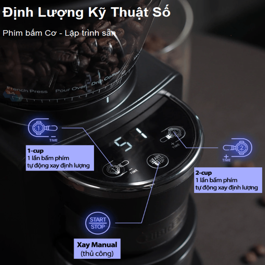 Máy xay hạt cà phê tự động tích hợp 34 chế độ xay thương hiệu HiBREW G3, công suất 220W (Bảo Hành 1 Năm)
