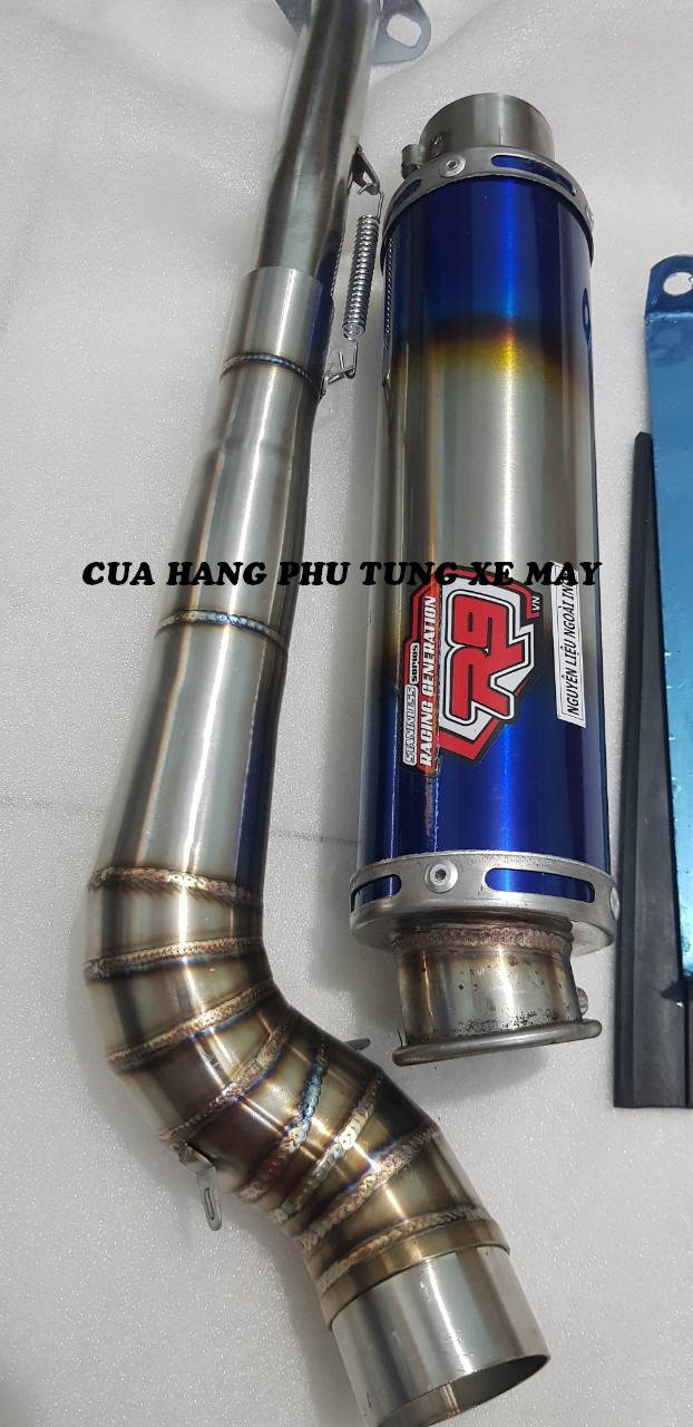 Pô R9 titan gắn xe Ex135, Ex150, Winner 150, Winner X V2 V3, Sonic, Raider Fi, Satria (kèm cổ 2 khúc inox 304 xịn + pát treo + lò xo)