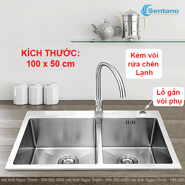 [SALE RẺ][CHẬU HỘC LỚN NHẤT THỊ TRƯỜNG] Bồn chậu rửa chén đúc 100x50 cm SENTANO PLUS inox 304 hàng loại 1 có 2 ngăn lớn đều nhau+ bộ xả+ vòi rửa chén lạnh STN-501, tặng rổ inox đa năng