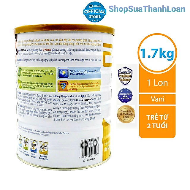 (HSD T9-2026) Sữa Bột Abbott Grow 4 Hộp Thiếc 1.7kg (Cho Trẻ Trên 2 Tuổi).