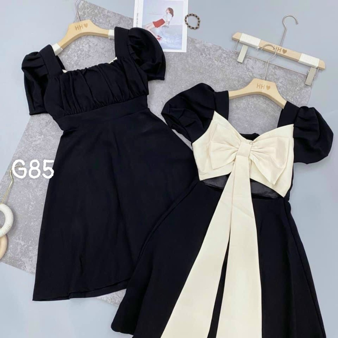 Đầm nữ cổ u tay ngắn cột dây lưng cột nơ lưng dáng xòe