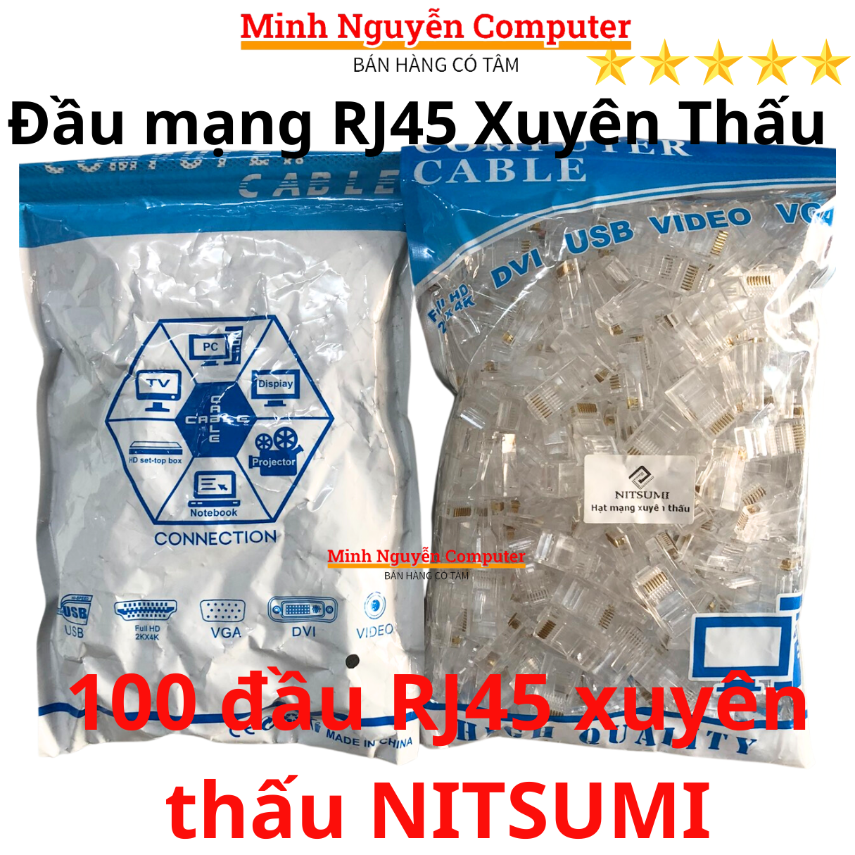 Hạt đầu mạng RJ45 xuyên thấu NITSUMI - Dùng bấm đầu cho dây mạng cat5 cat5E Cat6 Cat6E