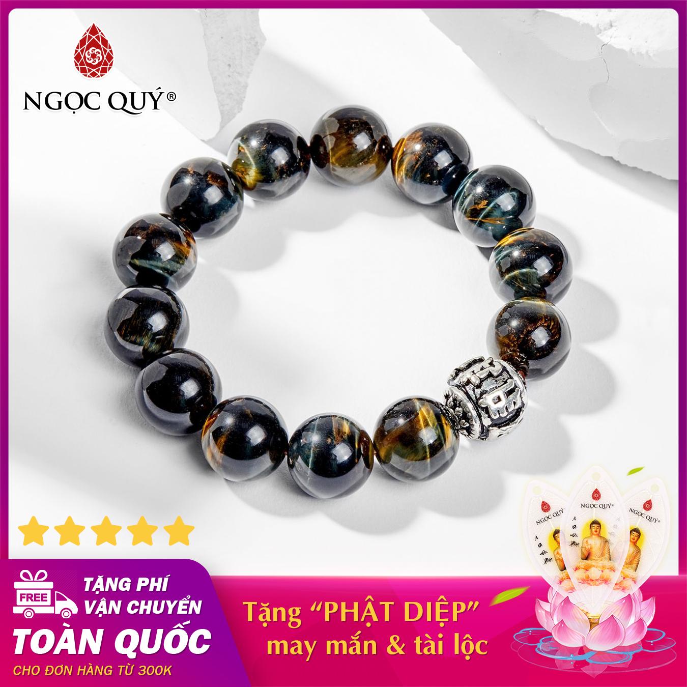 [HCM]Vòng tay phong thủy nam đá Mắt Hổ Xanh Đen phối Charm Bạc 16mm - Ngọc Quý Gemstones