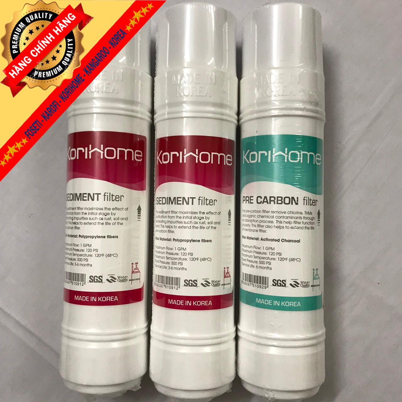 Combo 5 lõi Korihome chính hãng (2 sediment + 1 precarbon+1 postcarbon+1 màng RO)