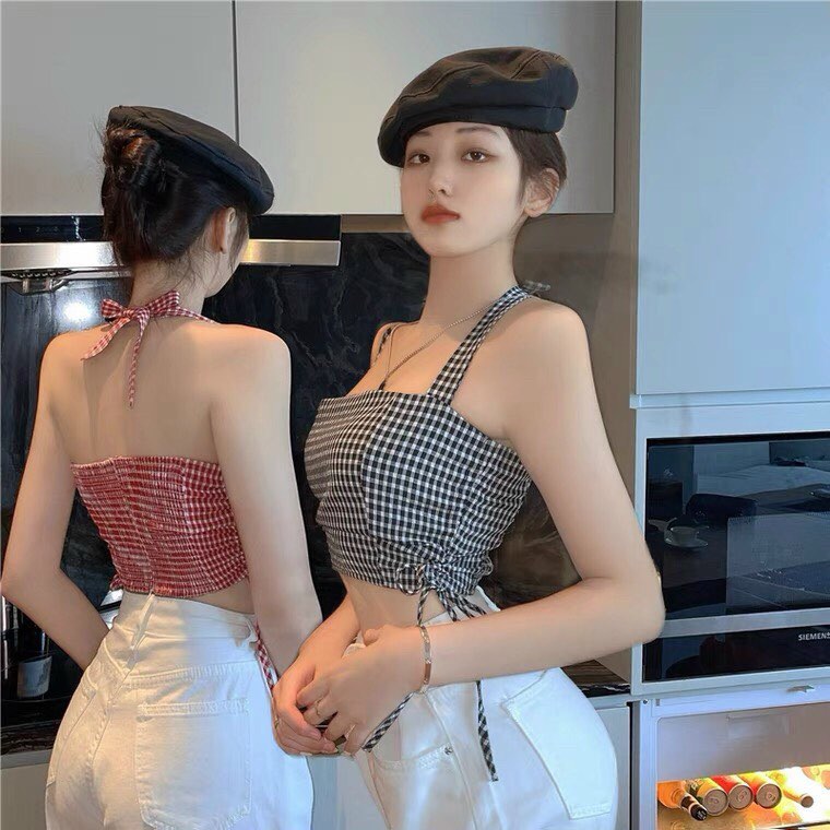Áo yếm croptop dây rút sọc caro có mút