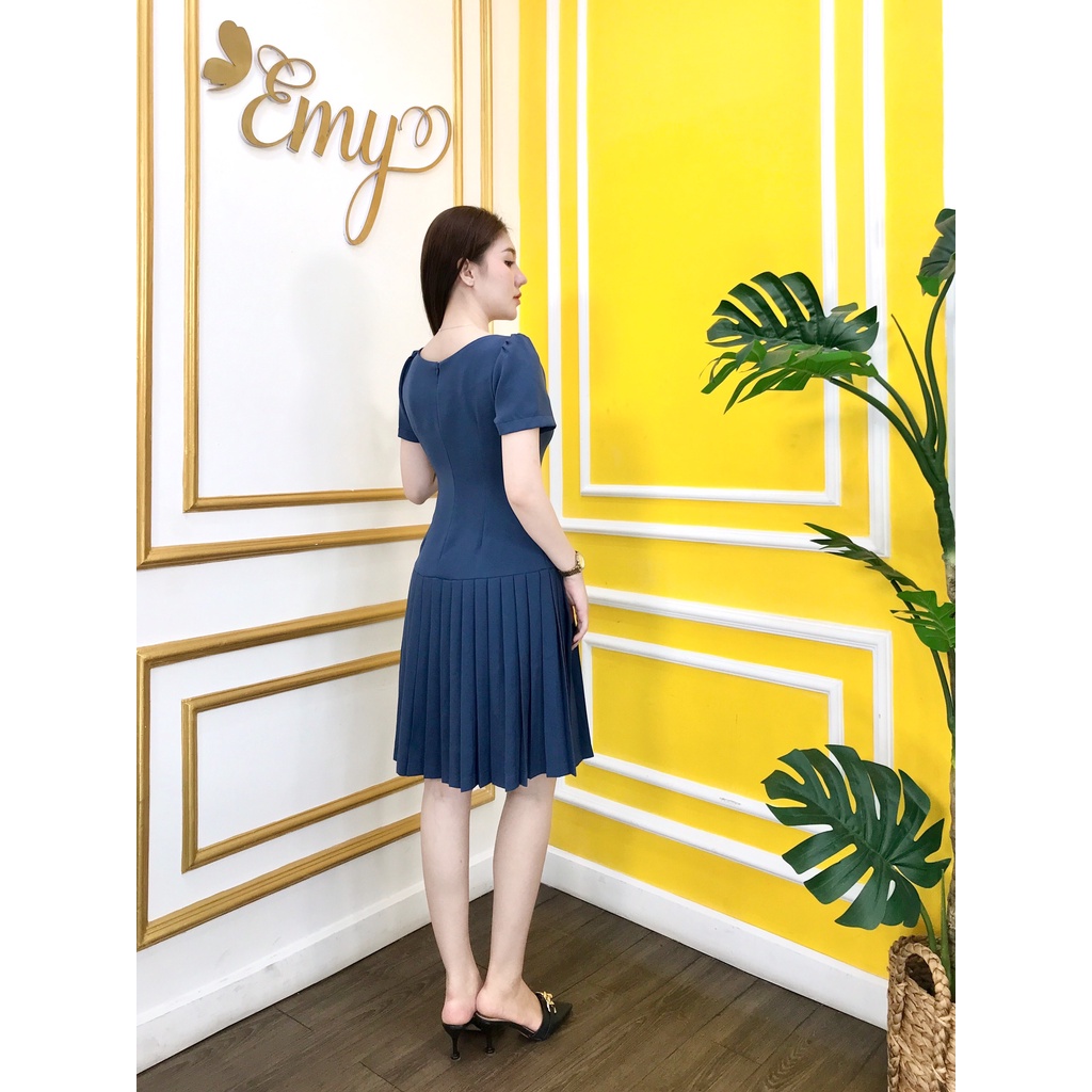 Đầm EMY EM6609 Xòe Xanh Navy Dập Ly