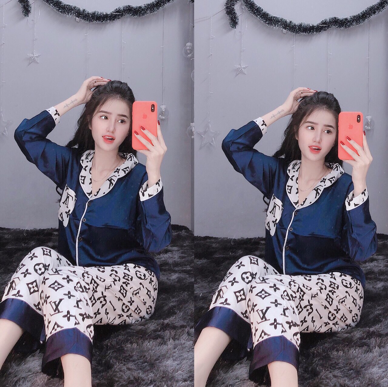 Sét bộ lụa satin cao cấp tay dài họa tiết siêu xinh-MTB