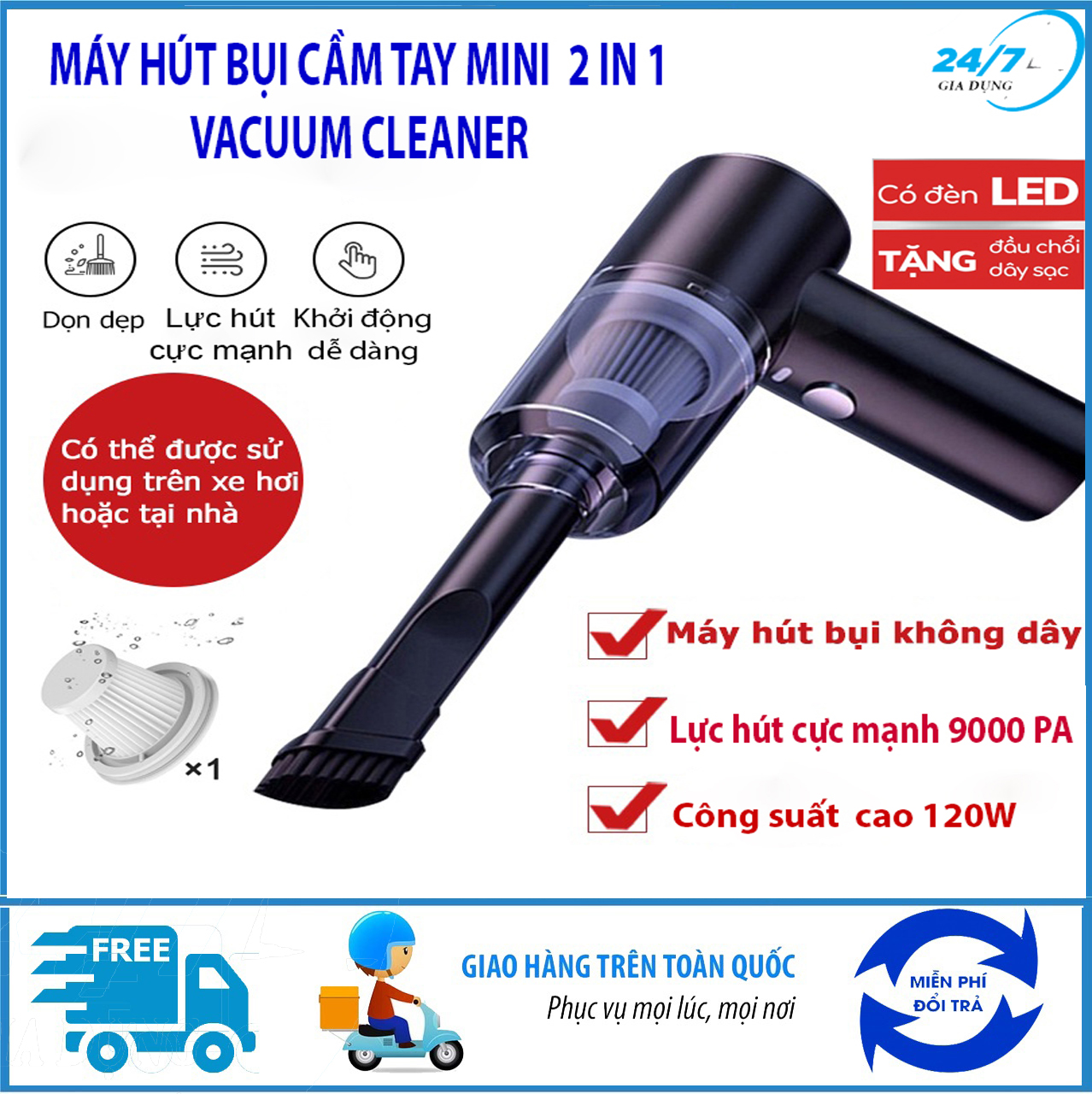 [ Tặng kèm đầu chổi ] Máy hút bụi cầm tay mini 2 in 1 Vacuum Cleaner - Máy hút bụi không dây đa năng lực hút siêu mạnh sử dụng hút bụi ô tô, sofa, bàn phím máy tính, bụi giường cực tiện lợi - Giadungbv247