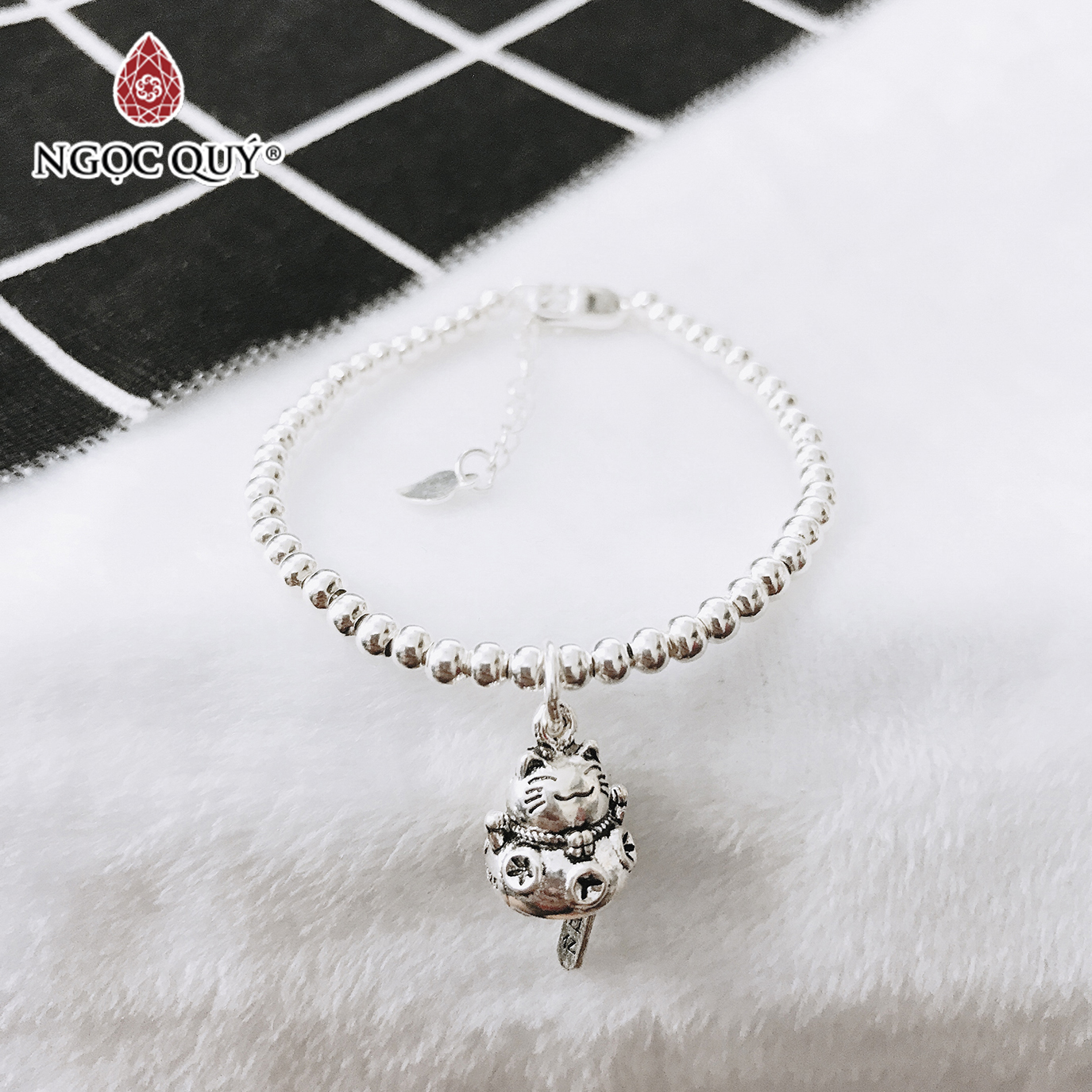 Lắc bi bạc 3mm mèo may mắn - Ngọc Quý Gemstones