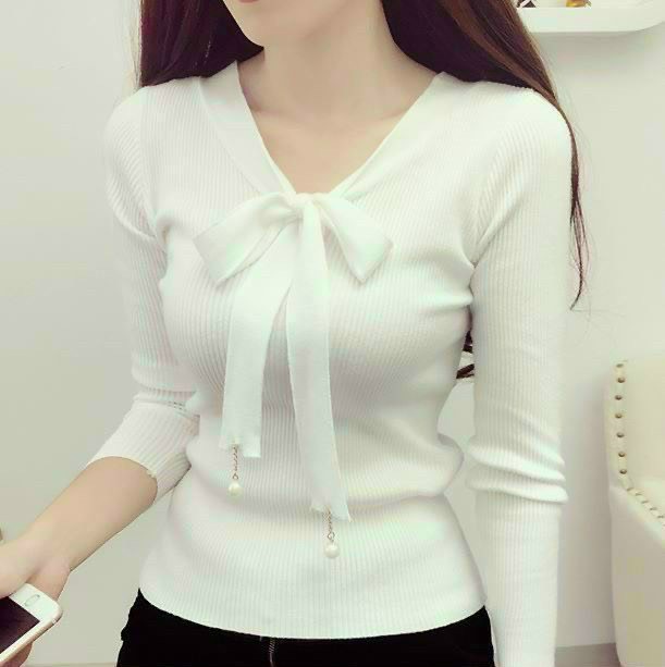 ÁO THUN GÂN CỔ V, THẮT NƠ ĐÍNH HẠT DỄ THƯƠNG