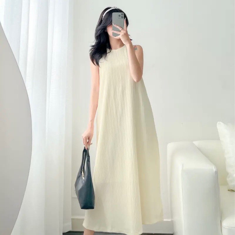 Váy ba lỗ chất đũi không nhăn form rộng oversize Váy suông dáng dài vintage