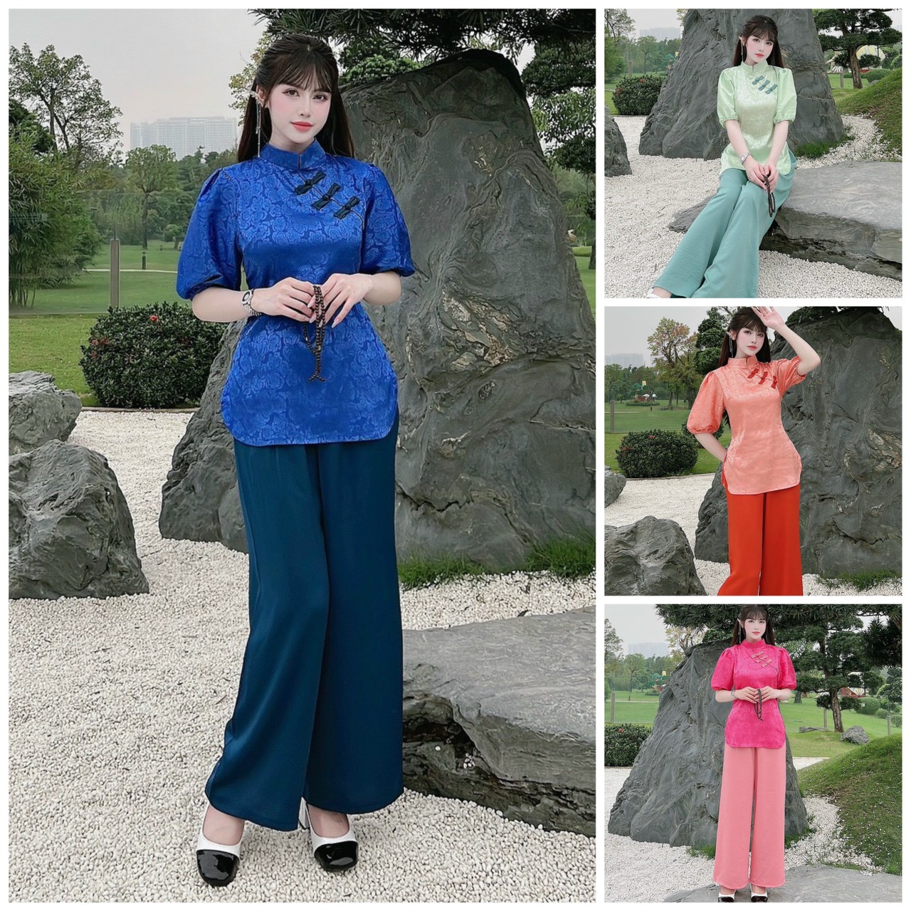 Đồ Lam Đi Chùa # Sẫm Gấm Cách Điệu# Quần Áo Nữ