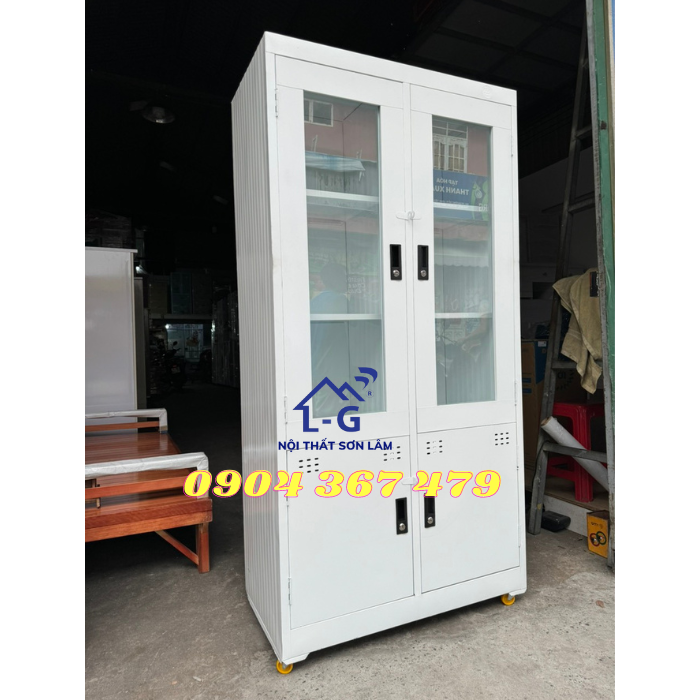 Tủ sắt hồ sơ sơn dầu màu trắng - tủ văn phòng 1m8 x 90cm có bánh xe