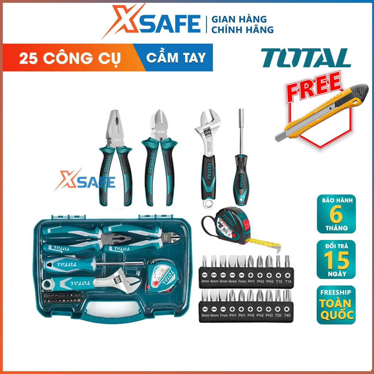 Set of 25 tools hand tools total THKTHP90256 suitable for engineering, construction, people dụng.1 piece alkaline combination 7 ", 1 Alkaline cut Cross 6", 1 set adjustable 8 ", 1 tape measure, 1 shank with magnet 100mm. 20 head screw-distribution xsafe