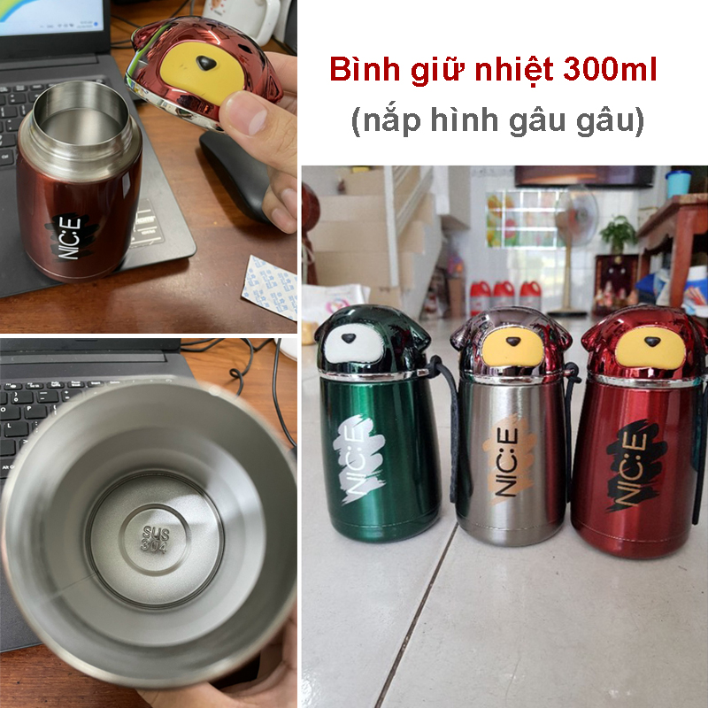 Bình giữ nhiệt inox 2 lớp 300ml Nắp họa tiết hình Con Chó