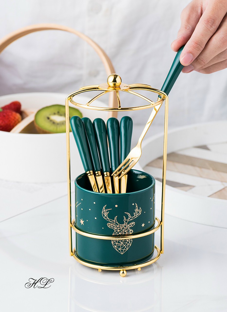 Set 6 Nĩa kèm Giỏ Sứ Bắc Âu Xanh Cổ Vịt Cao Cấp - Lẵng Sứ Xanh